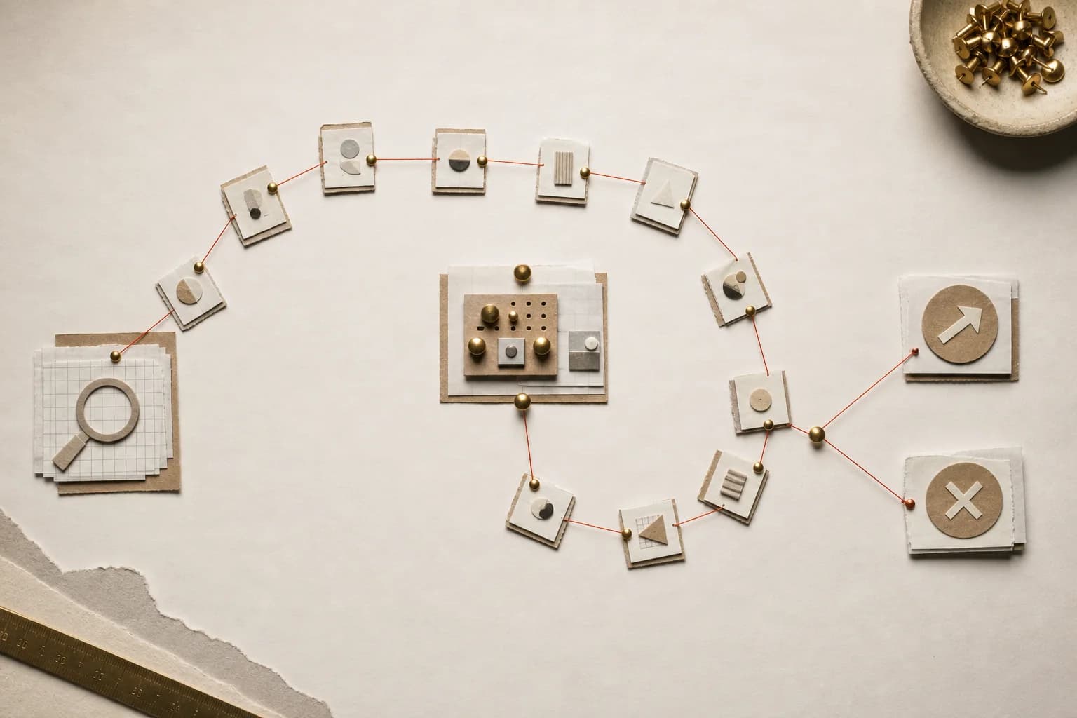 Tactile paper and metal editorial artwork for The 90-Day AI Pilot Roadmap: From Use Case to Production Decision