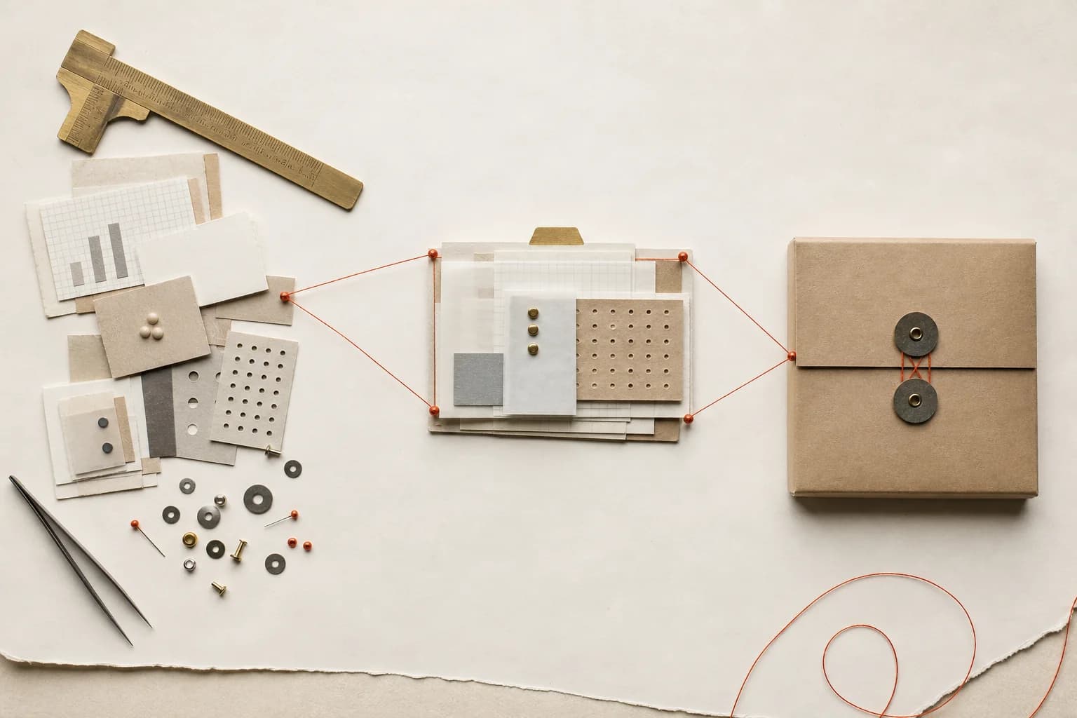 Tactile paper and metal editorial artwork for Build vs Buy AI: A Decision Framework for Business Leaders