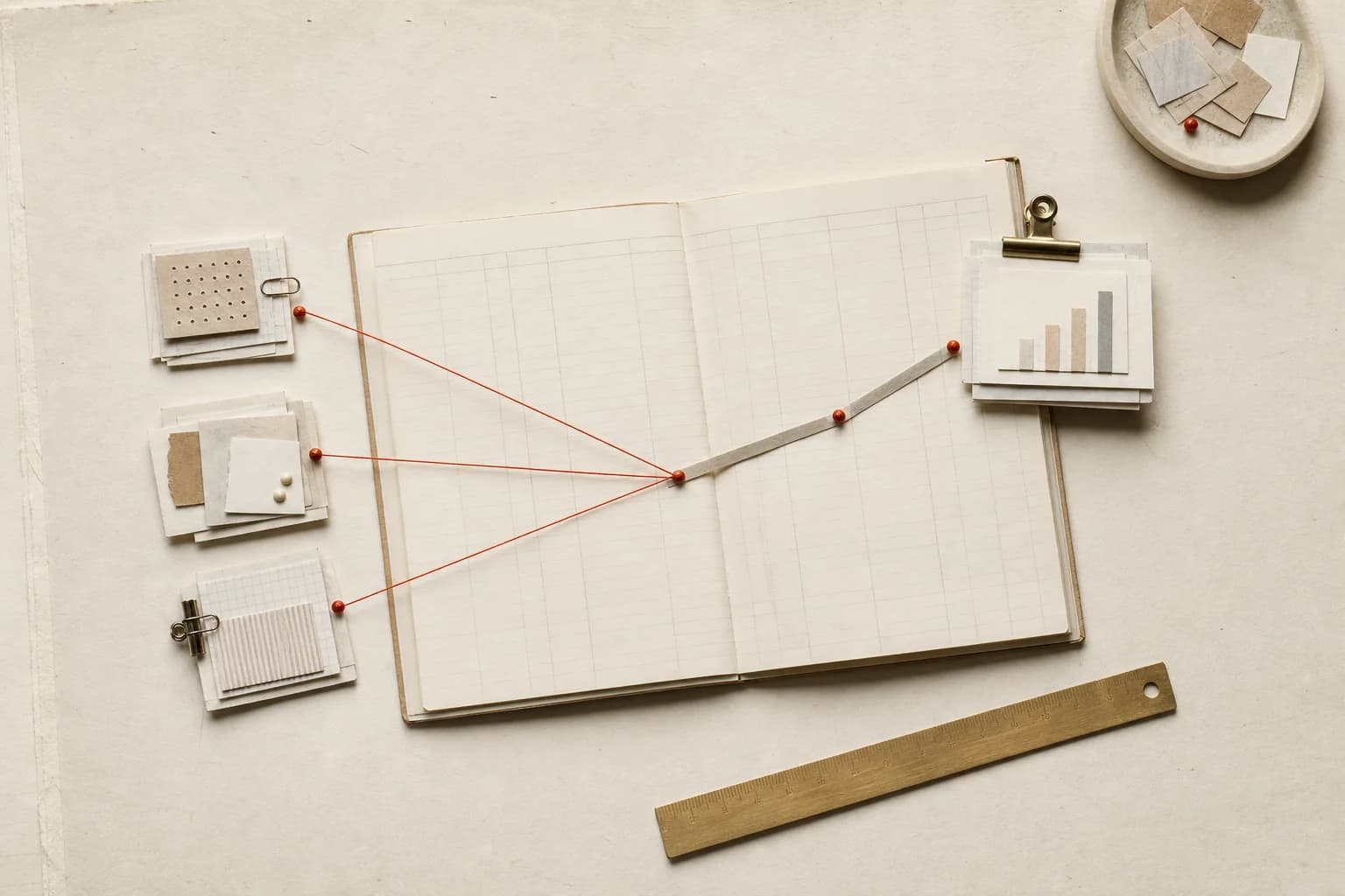 Tactile paper and metal editorial artwork for How to Measure AI ROI: A Practical Scorecard for Business Leaders