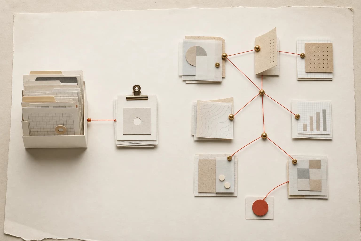 Tactile paper and metal editorial artwork for RAG vs AI Agents: Which Architecture Does Your Business Need?